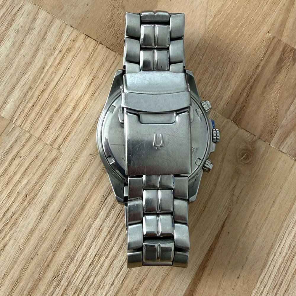 Bulova Marine Star Chronograph Watch Black Silver Dial Stainless Bracelet Date